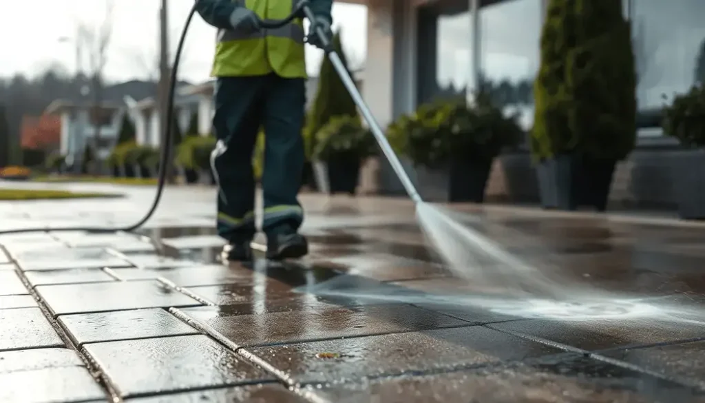 Crew member pressure washing a paver walkway on a shared HOA community property in Avon, Indiana